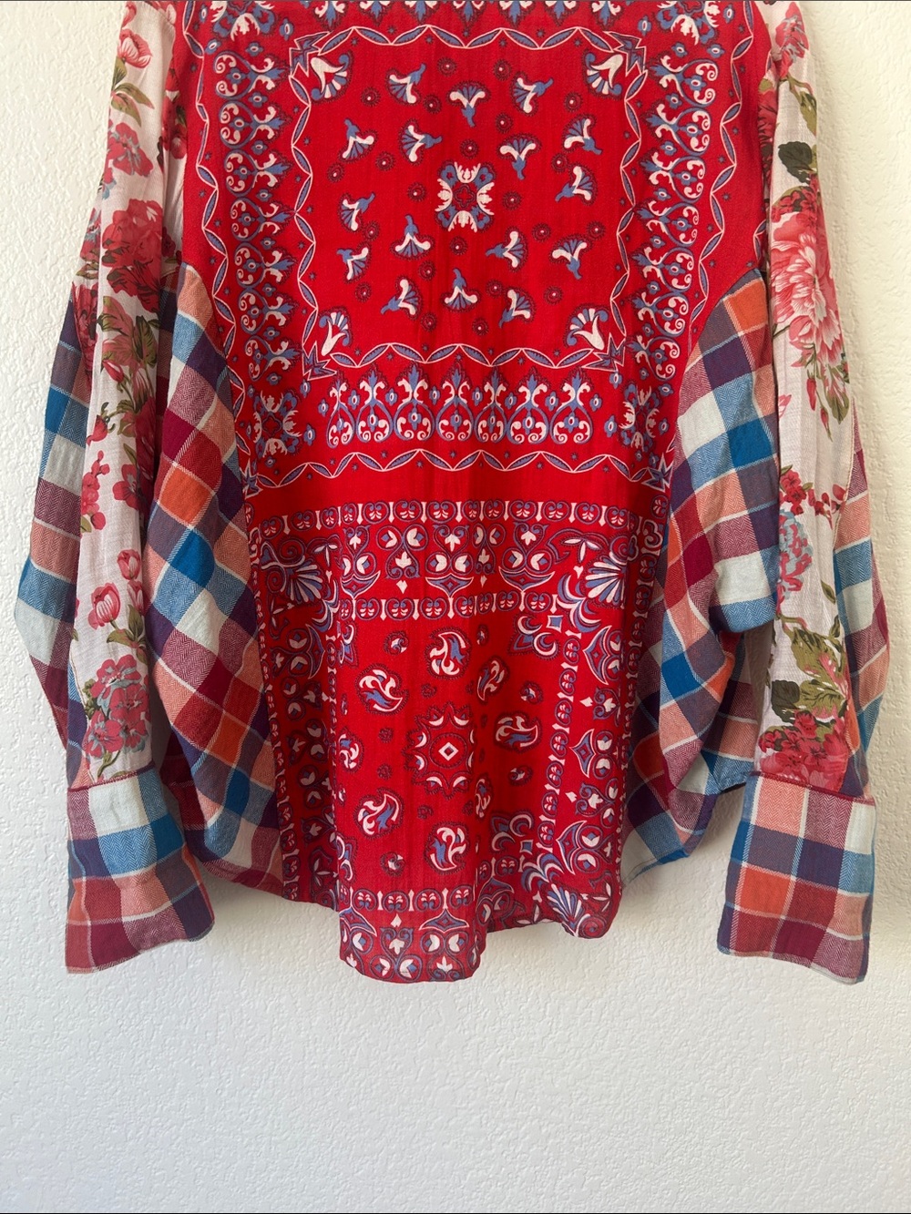 Mixed-Print Floral & Plaid Button-Up Blouse - Red/Blue - Picture 10 of 10